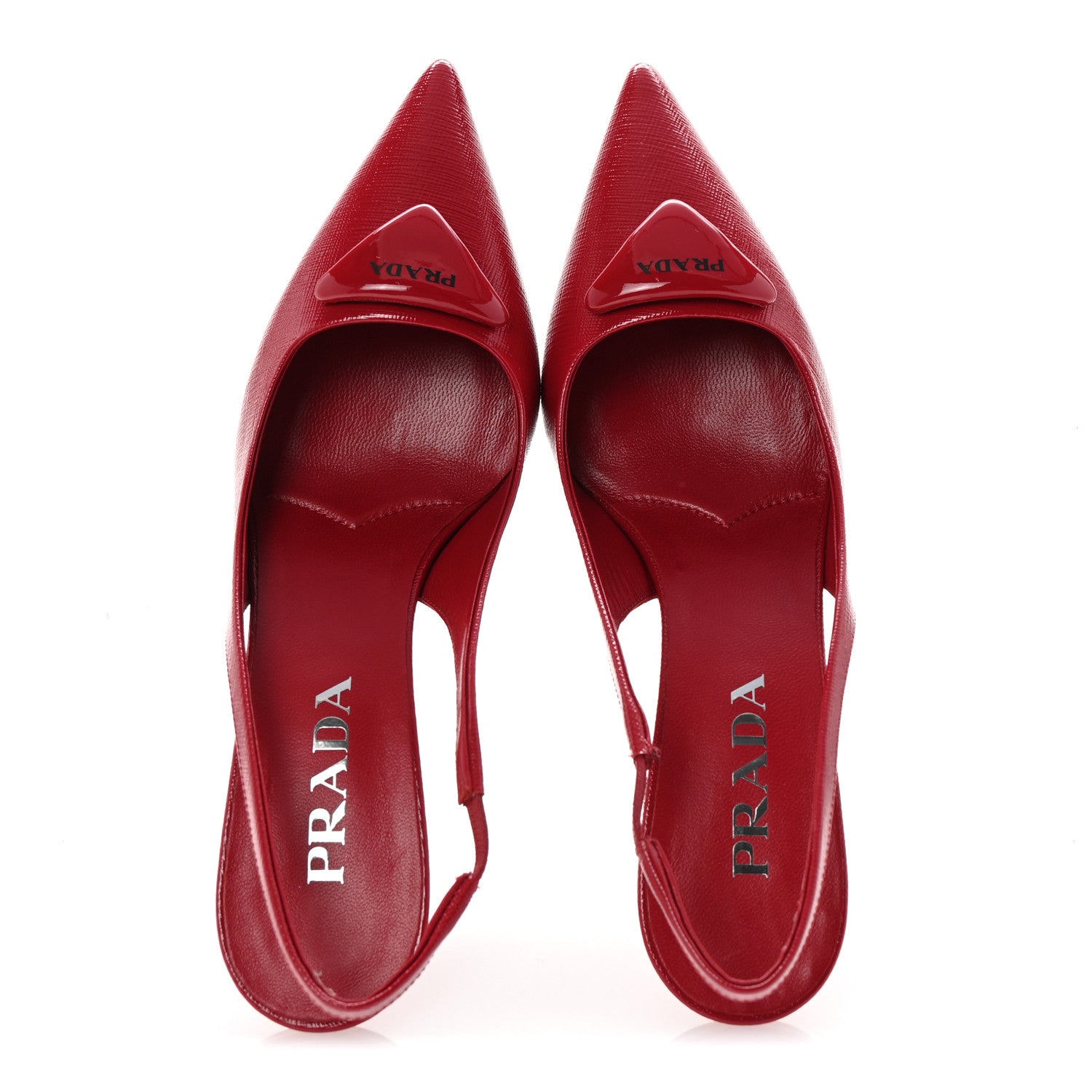 Prada Vernice Saffiano Triangle Logo Pointed Toe 75mm Slingback Pumps 37 Cherry Red 2 of 9