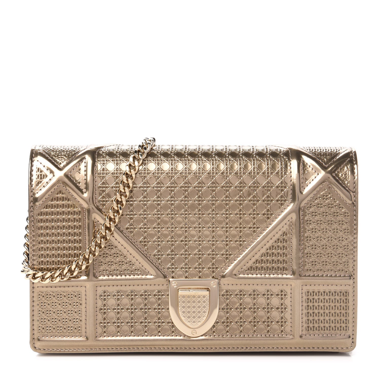 Christian Dior Metallic Patent Micro-Cannage Diorama Wallet on Chain Pouch Gold 1 of 9