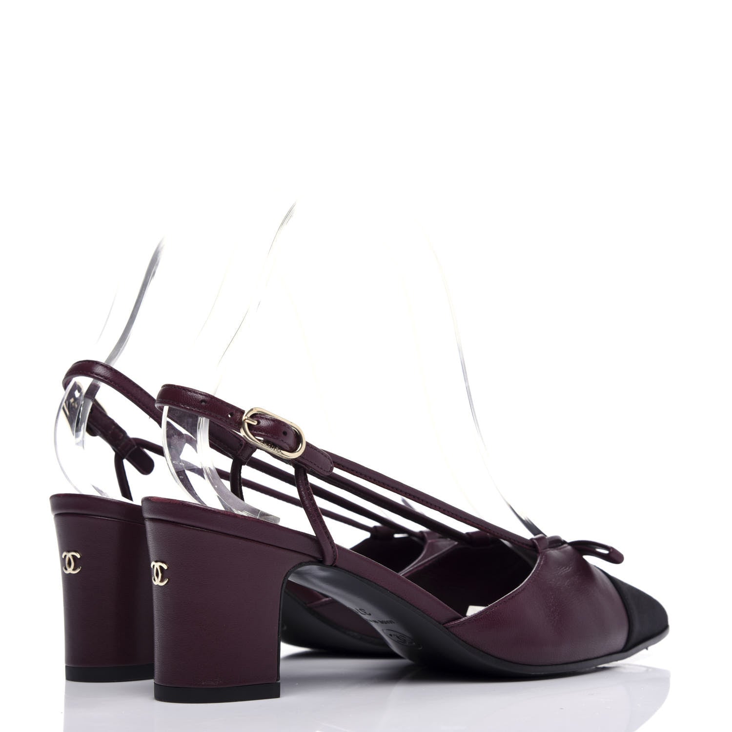 Chanel Lambskin Satin Slingback Cap Toe Bow Pumps 37 Burgundy Black 4 of 10