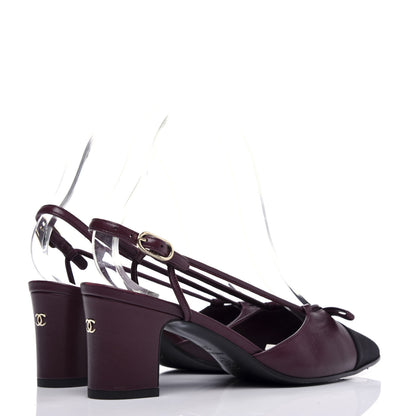 Chanel Lambskin Satin Slingback Cap Toe Bow Pumps 37 Burgundy Black 4 of 10