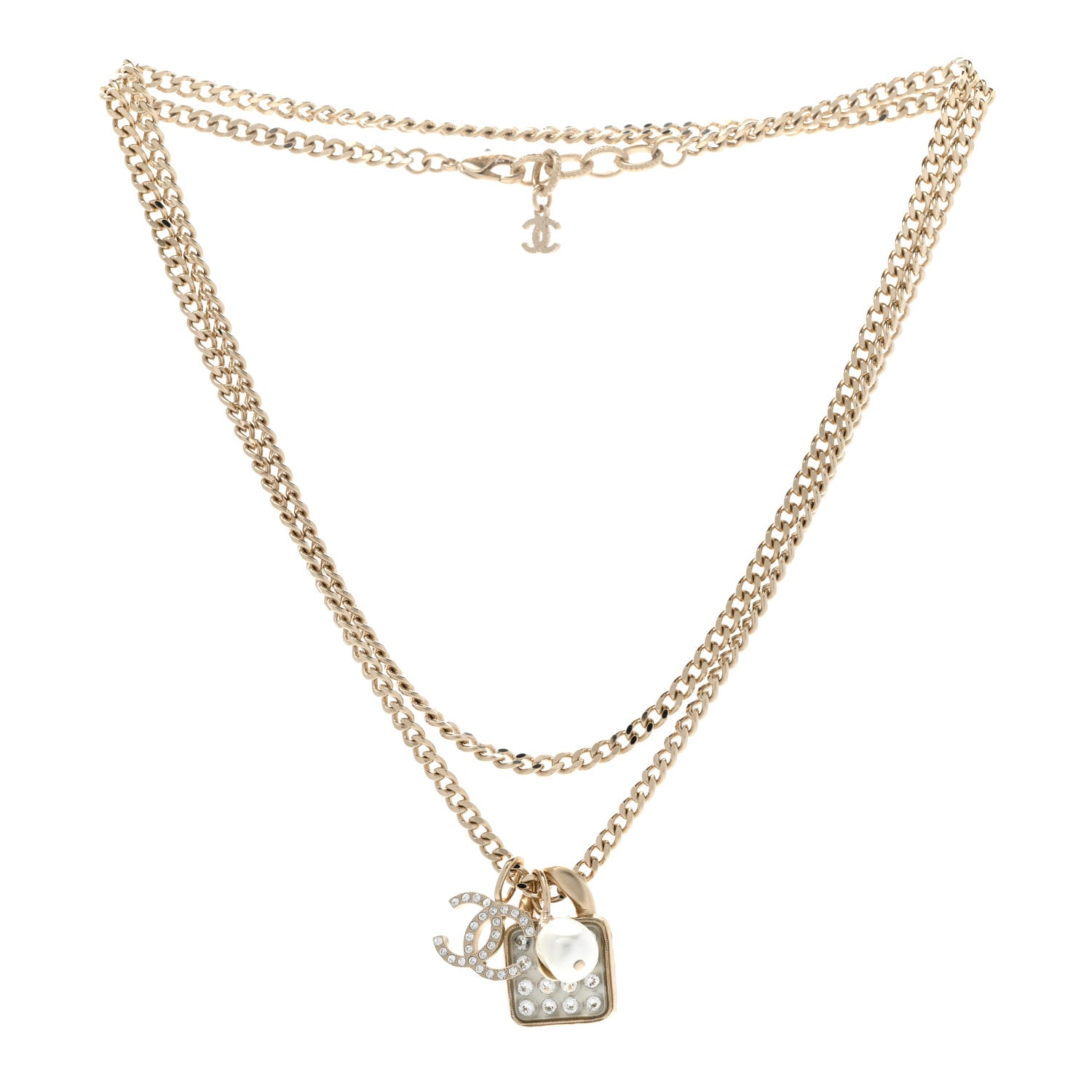 Chanel Crystal Pearl Resin CC Drop Multi Strand Chain Necklace Gold Pearly White 3 of 6
