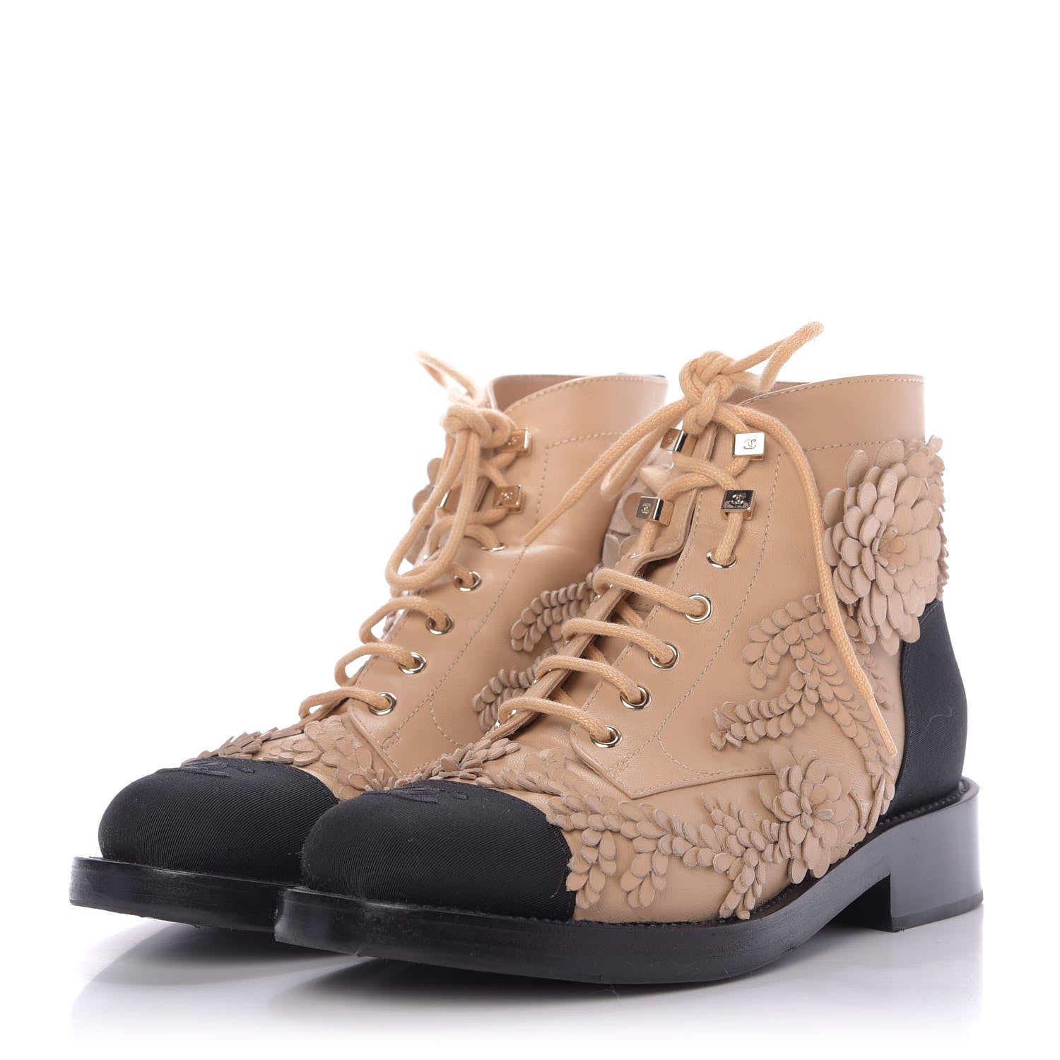 Chanel Embroidered Lambskin Grosgrain Lace Up Boots 38.5 Beige Black 2 of 11