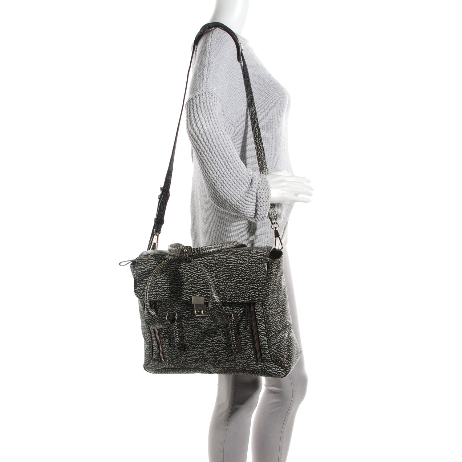 3.1 Phillip Lim 3.1 Textured Calfskin Large Pashli Satchel Black Cream 2 of 8