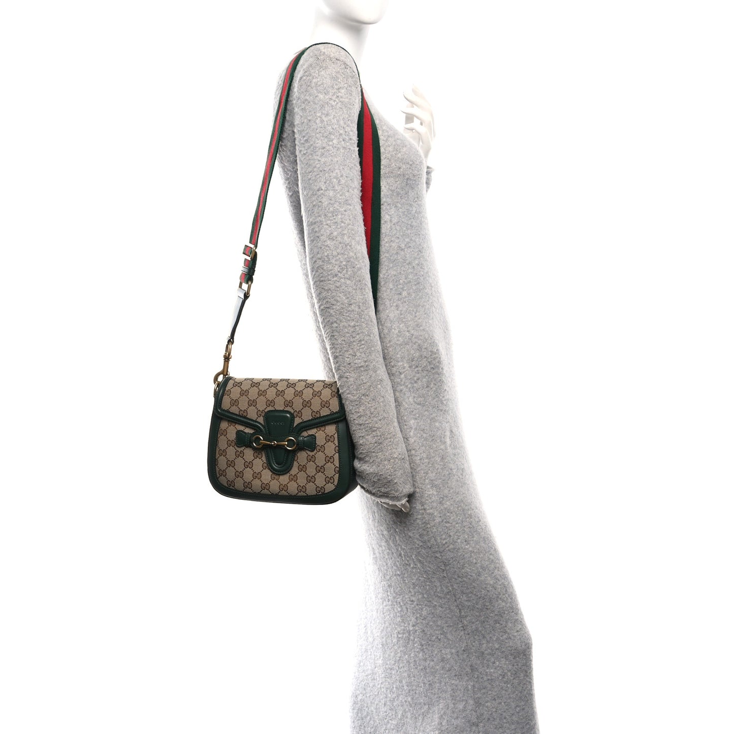 Monogram Calfskin Medium Lady Web Shoulder Bag Beige Green