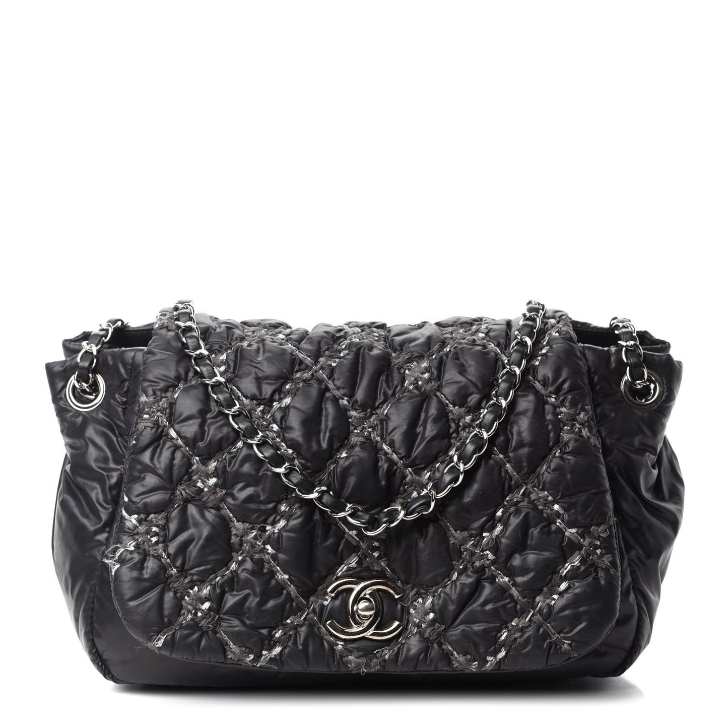 Nylon Quilted Tweed Stitch Bubble Flap Black