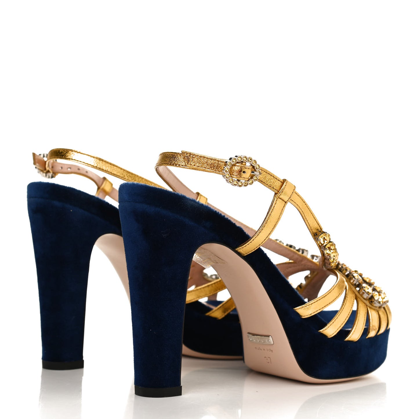Velvet Nappa Crystal Zephyra Slingback Platform High Heel Sandals 37 Blue Gold