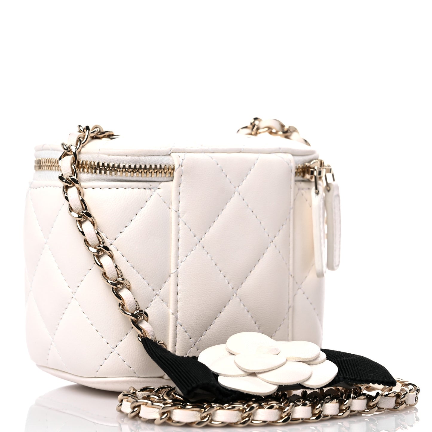 Lambskin Quilted Mini Camellia Bow Vanity Case With Chain White