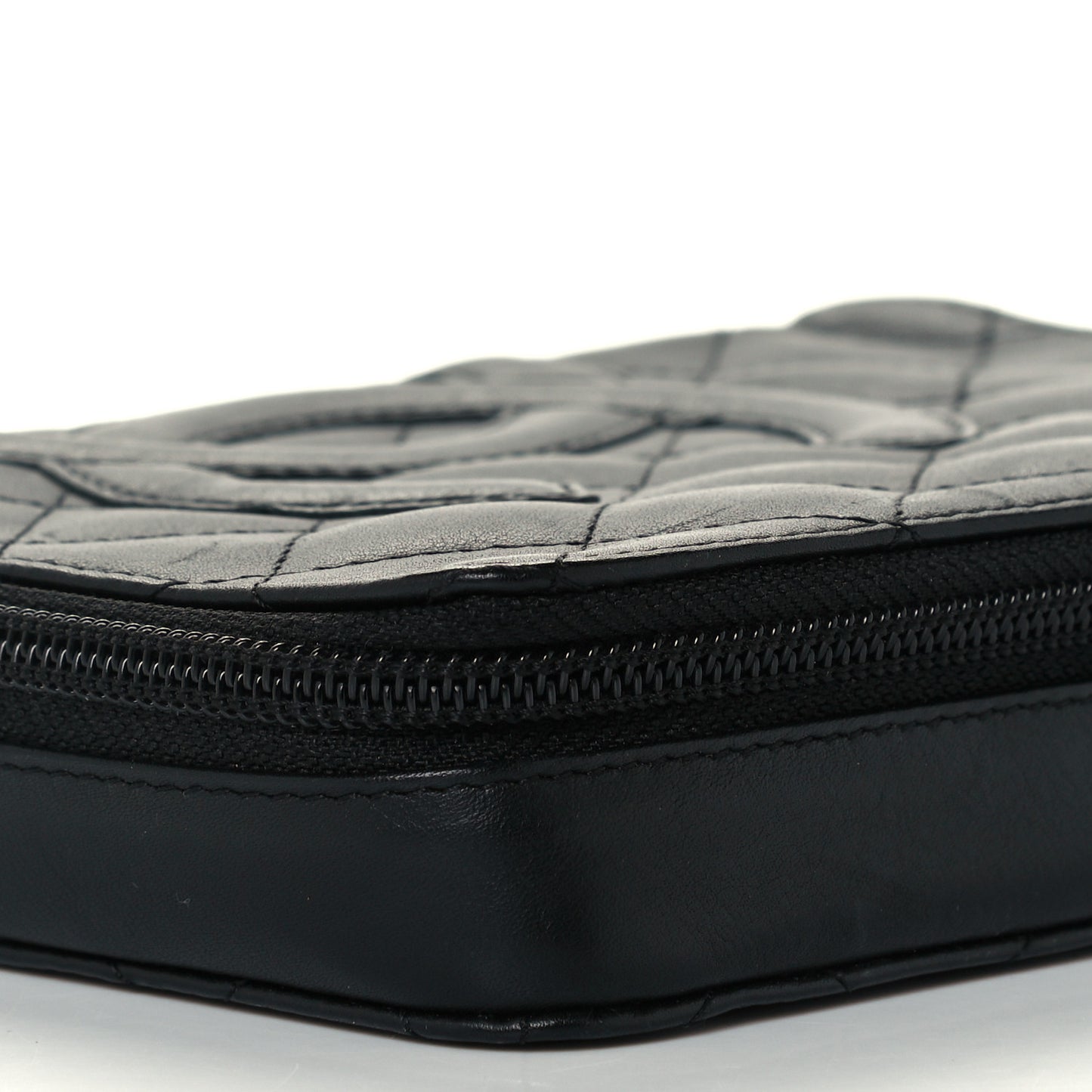 Calfskin Quilted Cambon Zip Around Cosmetic Pouch Black
