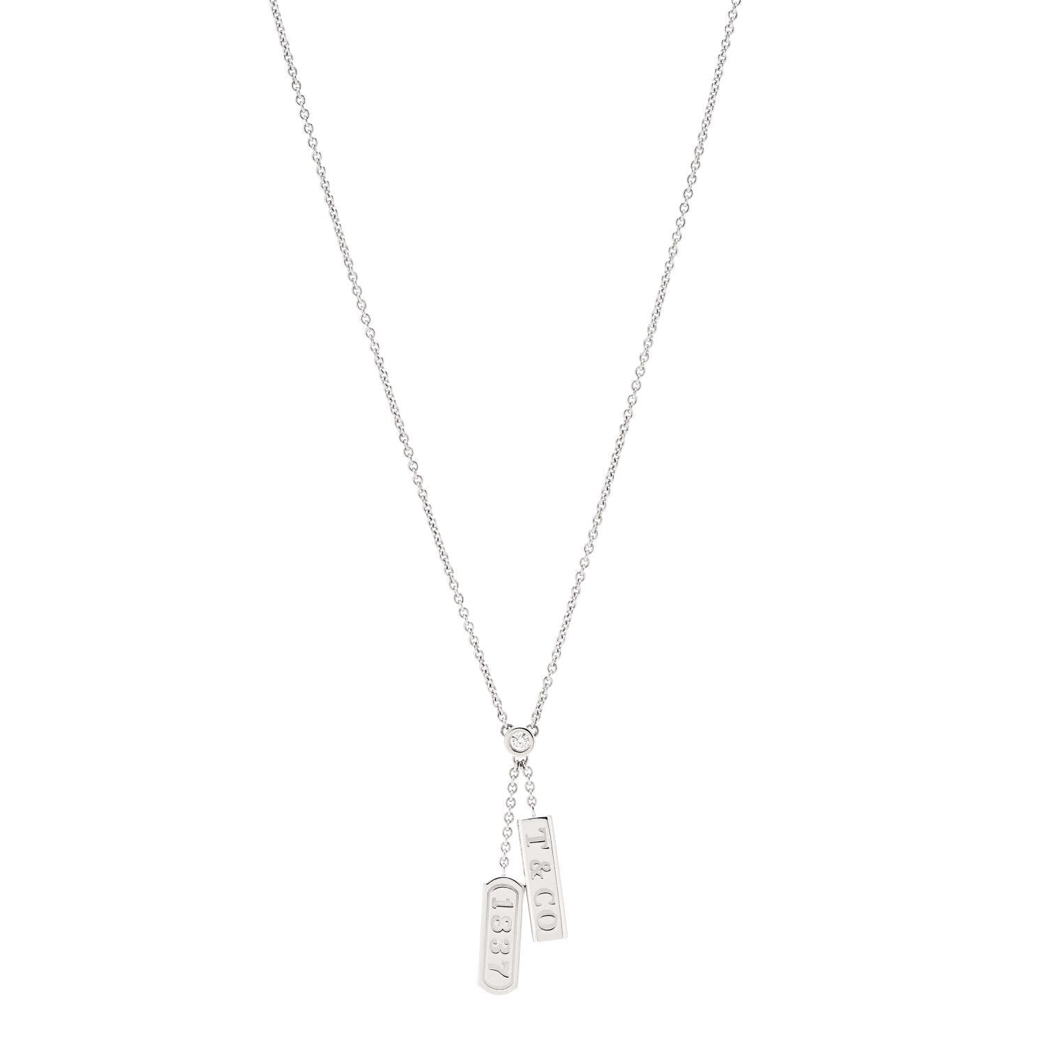 Tiffany 18K White Gold Diamond 1837 Double Bar Pendant Necklace 1 of 6