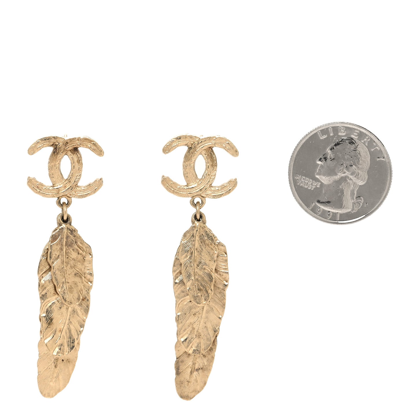 Feather CC Drop Earrings Gold