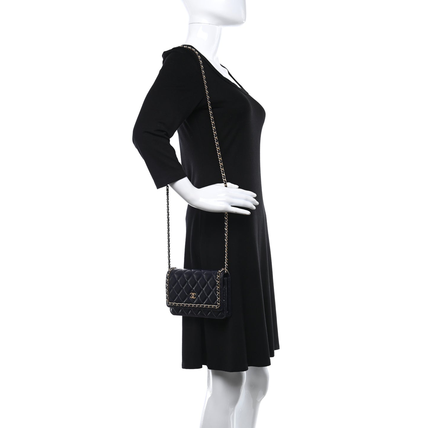 Lambskin Quilted Chain Around Wallet On Chain WOC Navy Blue