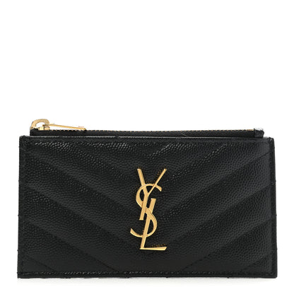 Saint Laurent Monogram Grain de Poudre 5 Fragments Zip Pouch Card Holder Black 1 of 7