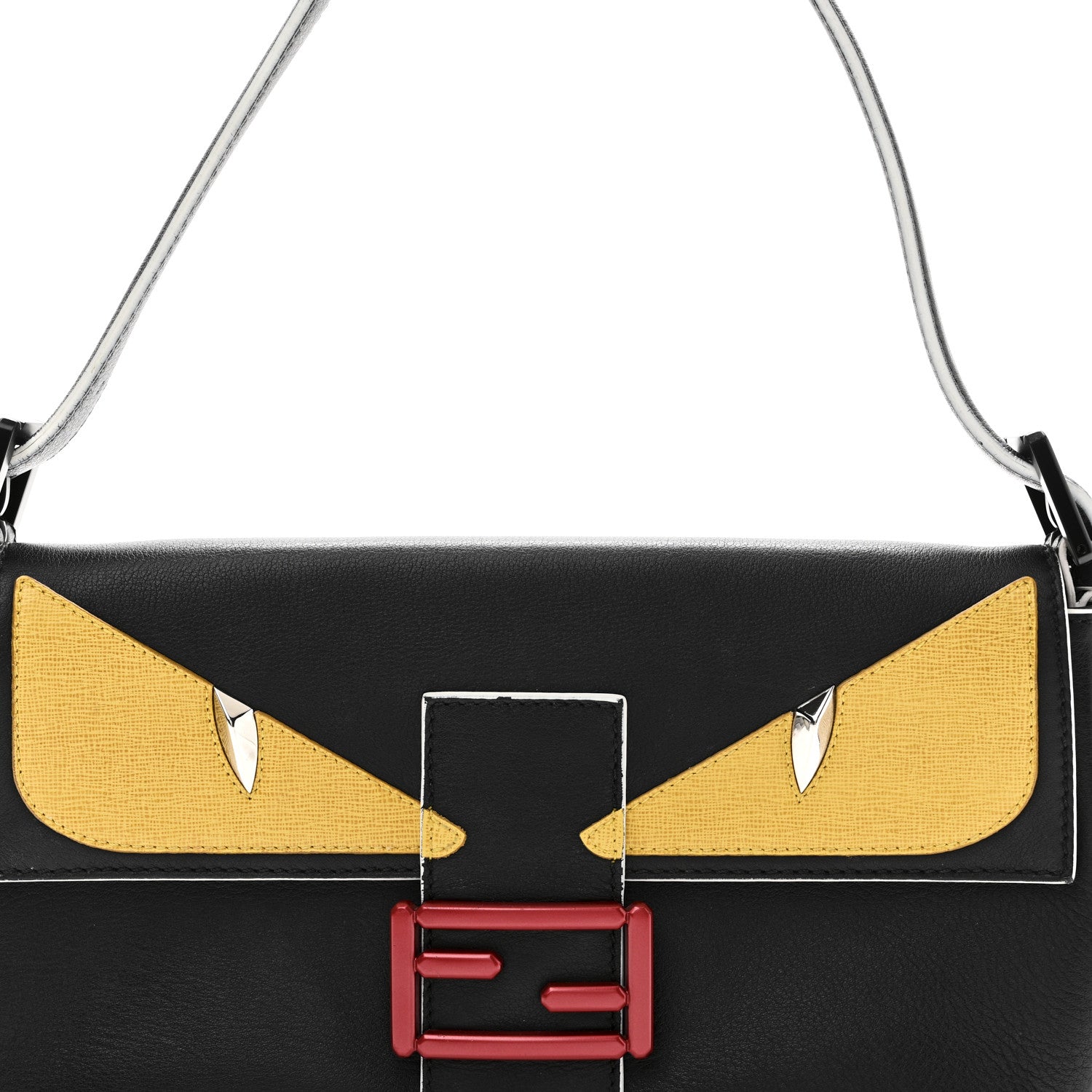 Fendi Vitello Dolce Elite Monster Eyes Bi-Color Baguette Black Yellow 7 of 9