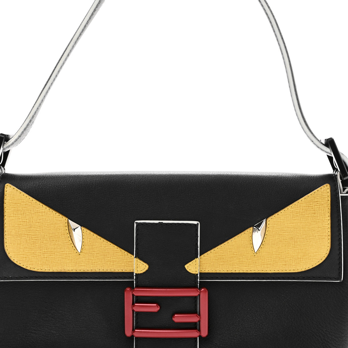 Fendi Vitello Dolce Elite Monster Eyes Bi-Color Baguette Black Yellow 7 of 9