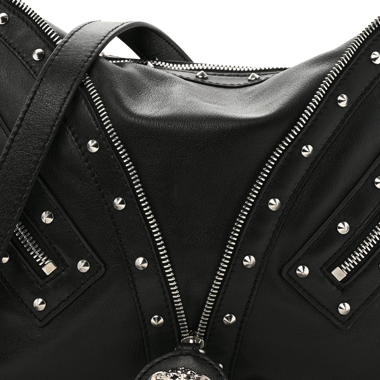 Calfskin Studded Medium Repeat Zip Hobo Black