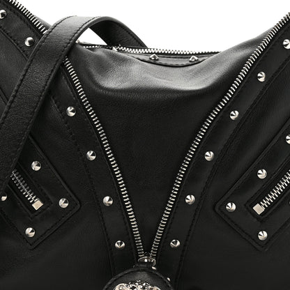 Versace Calfskin Studded Medium Repeat Zip Hobo Black 8 of 14