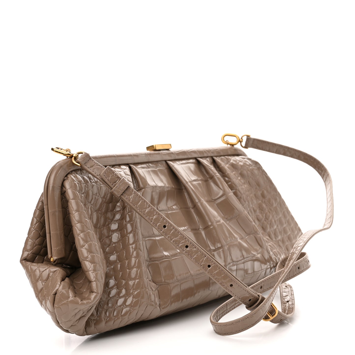 Shiny Supple Calfskin Logo Crocodile Embossed XL Cloud Clutch Mink Grey White