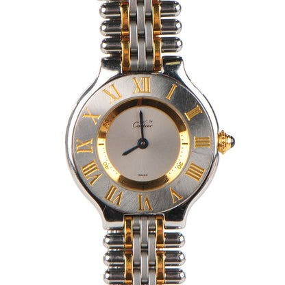 Cartier Stainless Steel 18K Yellow Gold 28mm Must De 21 Bullet Link Quartz Watch 1 of 8