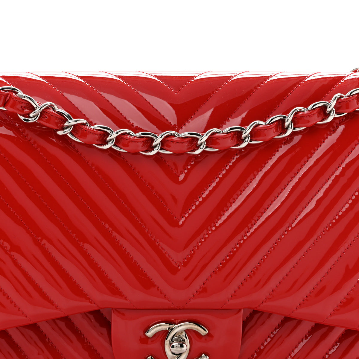 Chanel Patent Chevron Quilted Jumbo Double Flap Red 14 of 19