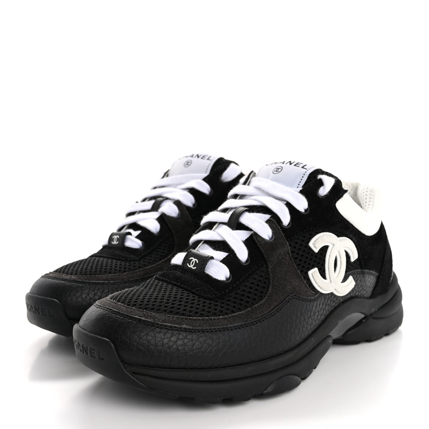 Chanel Mesh Suede Grained Calfskin Womens CC Sneakers 38 Black White 4 of 12