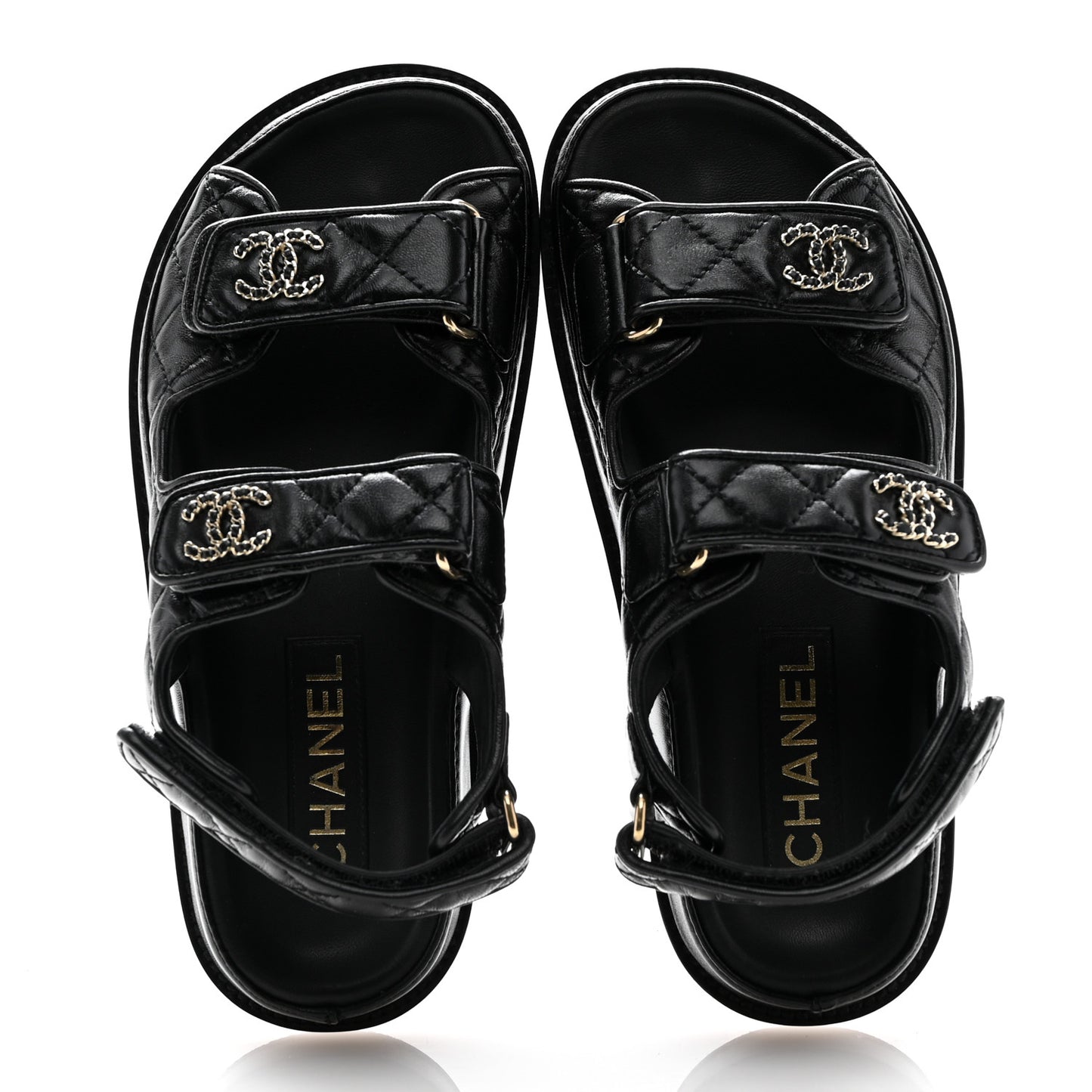 Lambskin Quilted Velcro Dad Chain CC Slide Sandals 35 Black