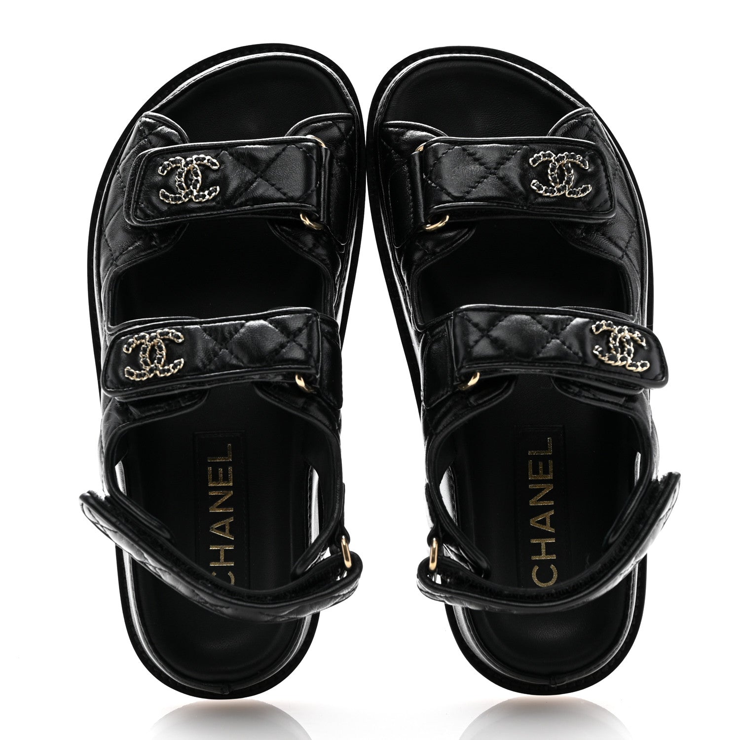 Chanel Lambskin Quilted Velcro Dad Chain CC Slide Sandals 35 Black 2 of 14