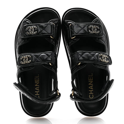 Chanel Lambskin Quilted Velcro Dad Chain CC Slide Sandals 35 Black 2 of 14