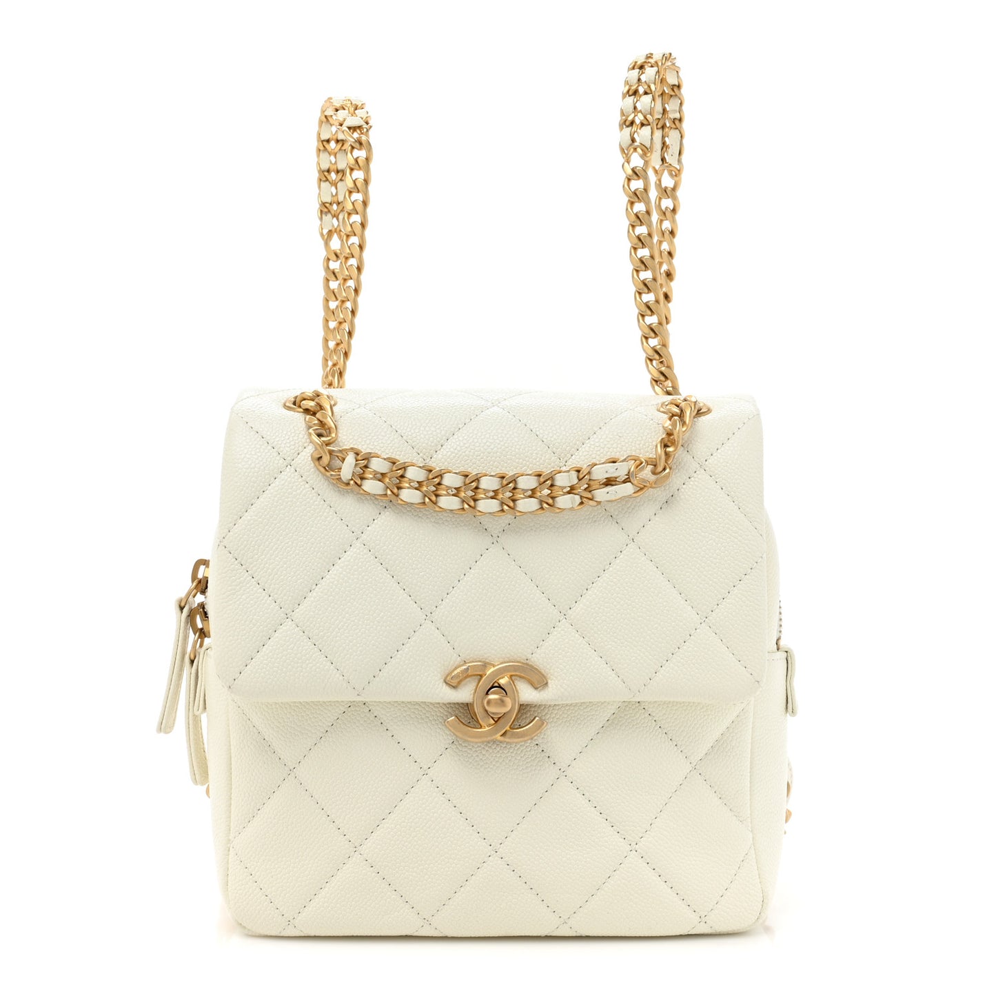 Shiny Caviar Quilted Chain Melody Backpack White