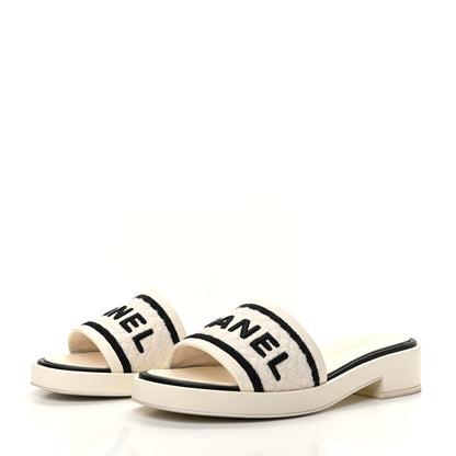 Chanel Lambskin Embroidered Logo Mules 39 Ivory Black 3 of 8