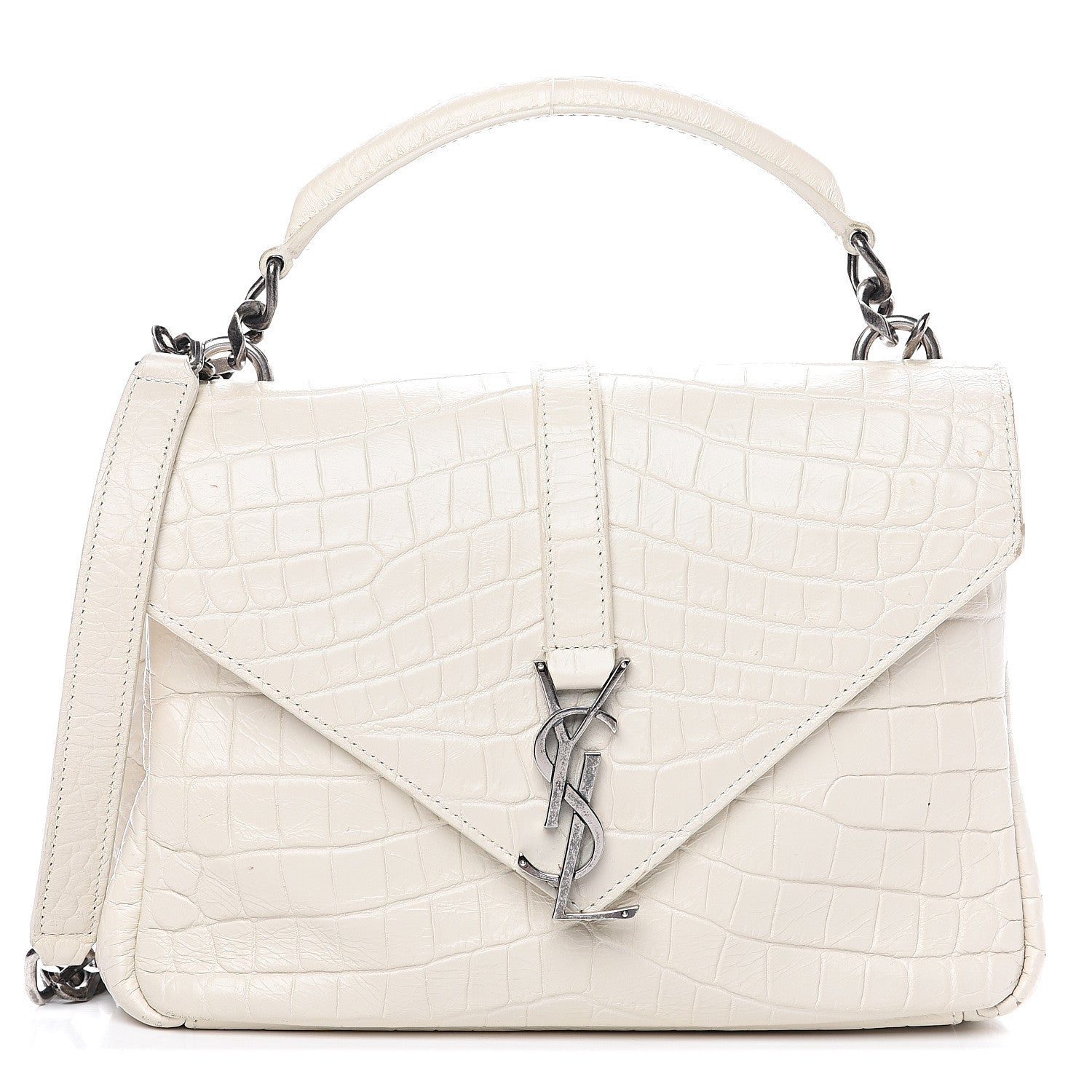 Saint Laurent Calfskin Crocodile Embossed Medium College Monogram Satchel Dove White 1 of 17
