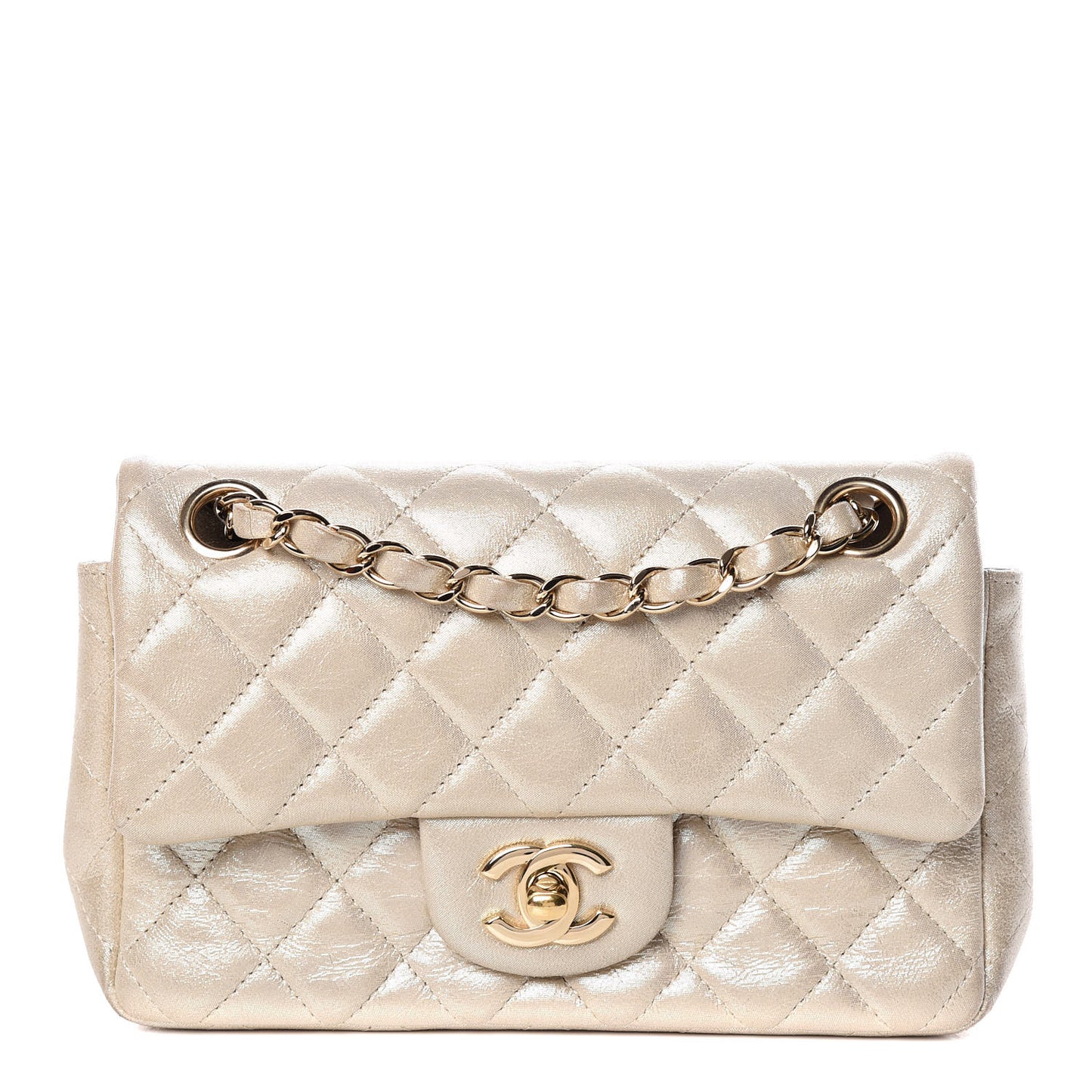 Iridescent Calfskin Quilted Mini Rectangular Flap Beige Clair