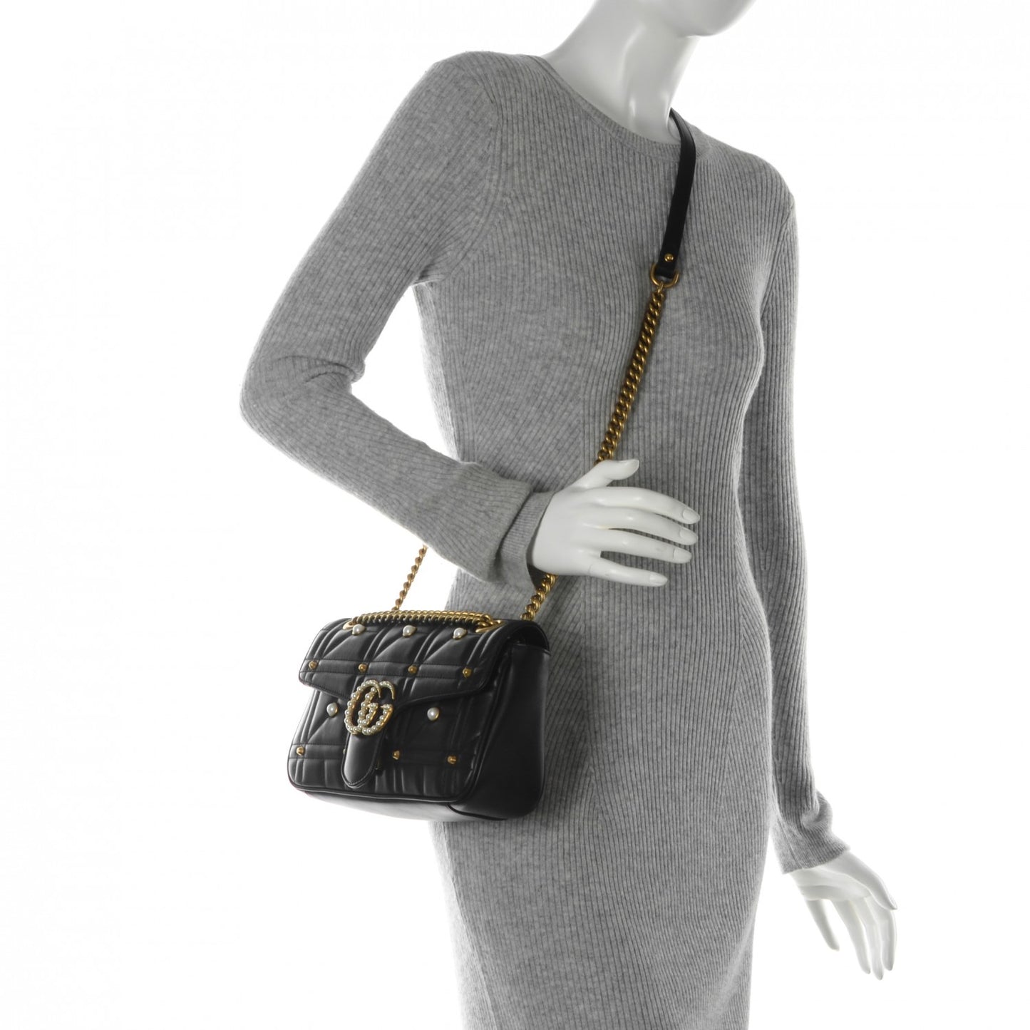 Calfskin Matelasse Studded Small Pearly GG Marmont Shoulder Bag Black