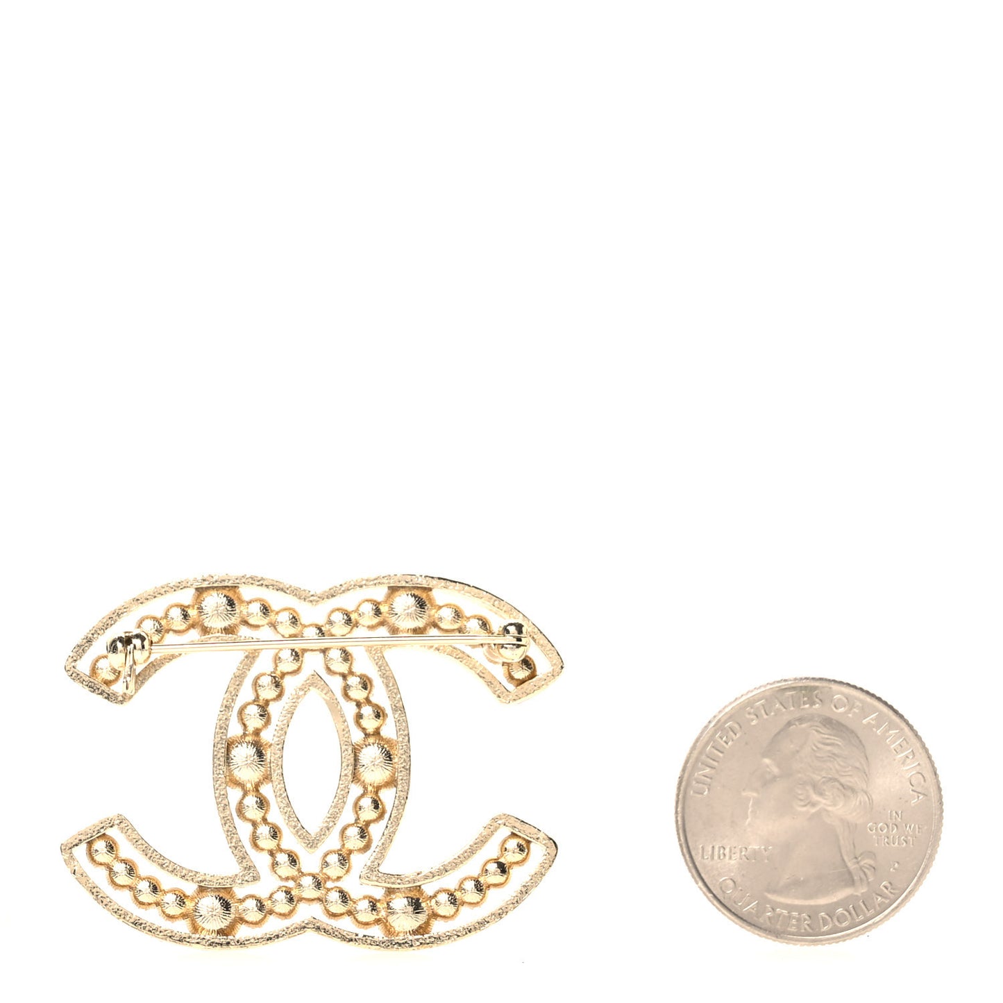 Metal Crystal Pearl CC Brooch Gold