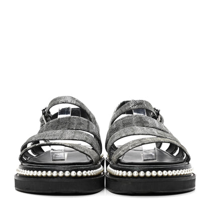 Chanel Tweed Grosgrain Pearl Platform Sandals 37.5 Black 2 of 4