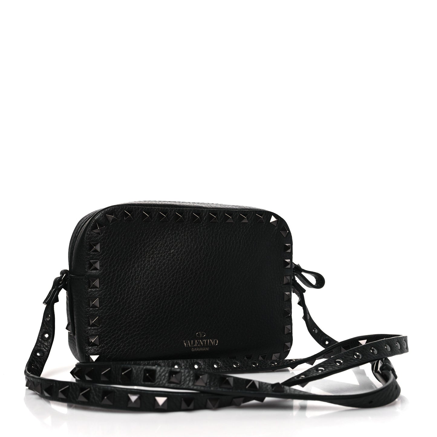 Pebbled Calfskin Rockstud Camera Crossbody Bag Black