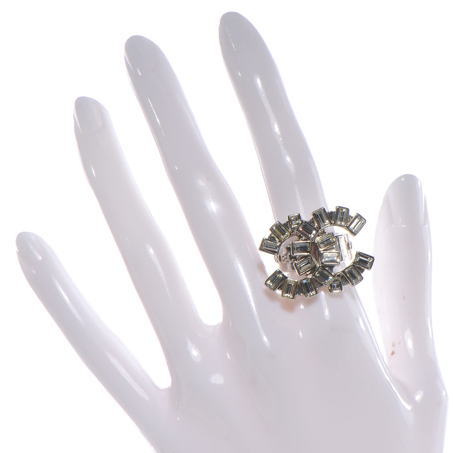 Crystal Baguette CC Logo Ring 6.5 Silver