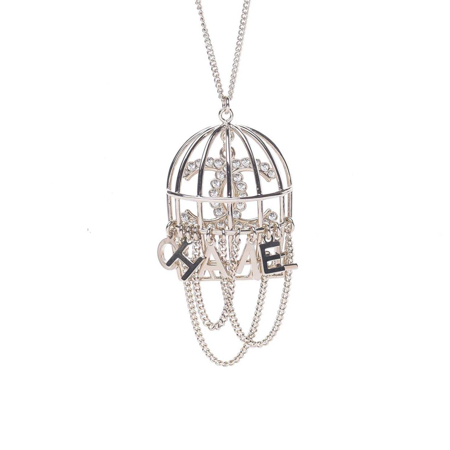 Metal Crystal Logo Bird Cage Necklace Gold