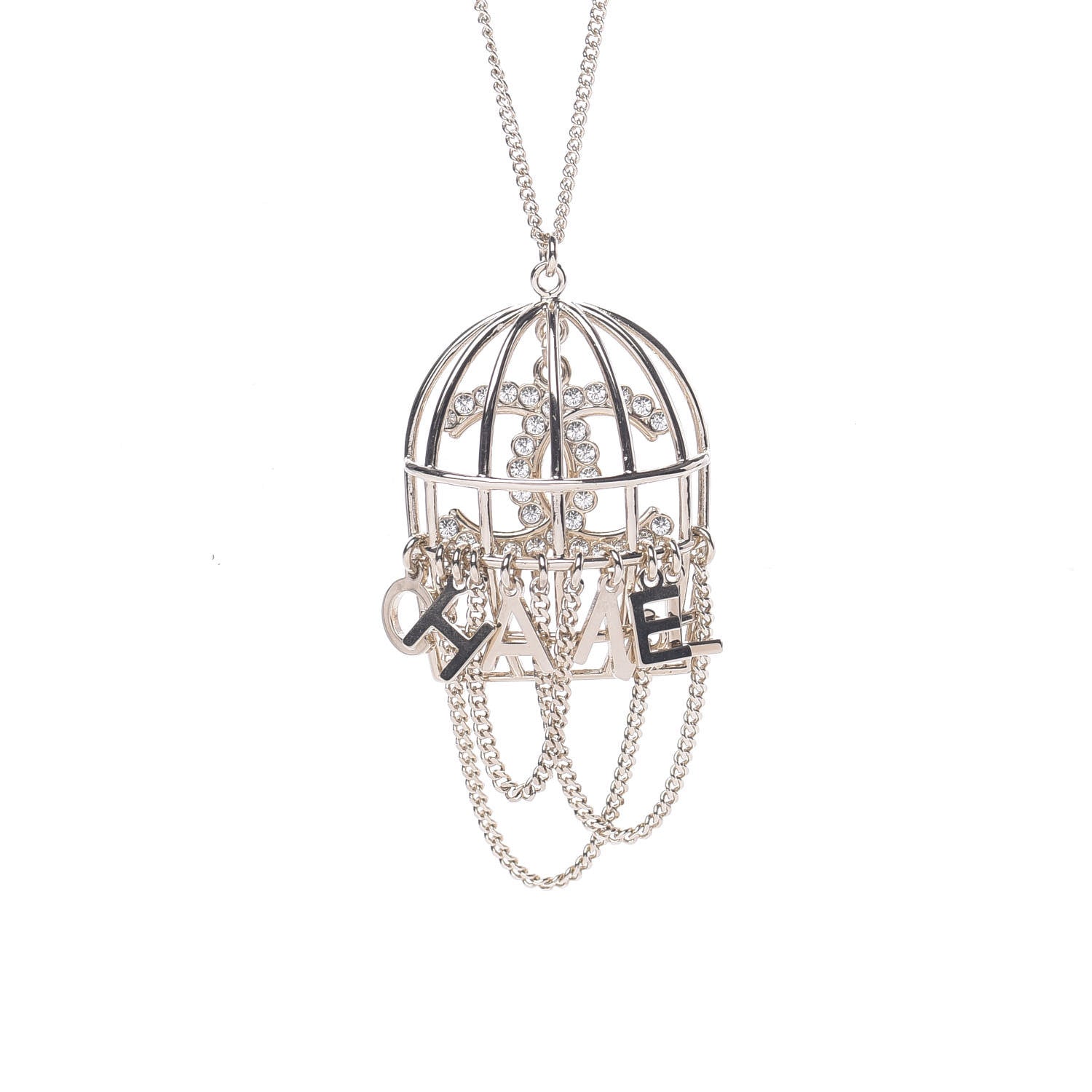 Chanel Metal Crystal Logo Bird Cage Necklace Gold 4 of 6