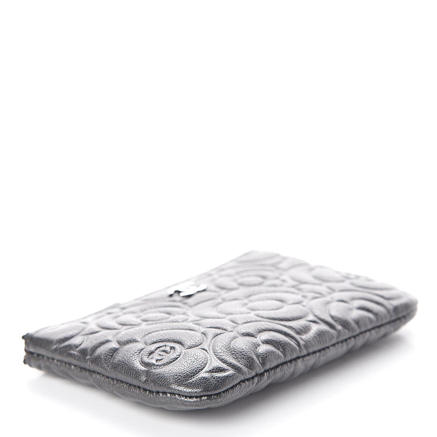 Goatskin Camellia Embossed Cosmetic Pouch Anthracite