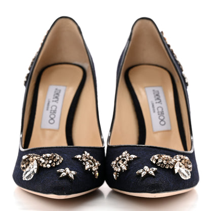 Jimmy Choo Crystal Embellished Romy 100 Flannel Pumps 38.5 Navy 2 of 14