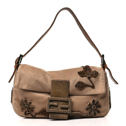 Fendi Wool Pony Hair Flower Applique Baguette Brown 1 of 14