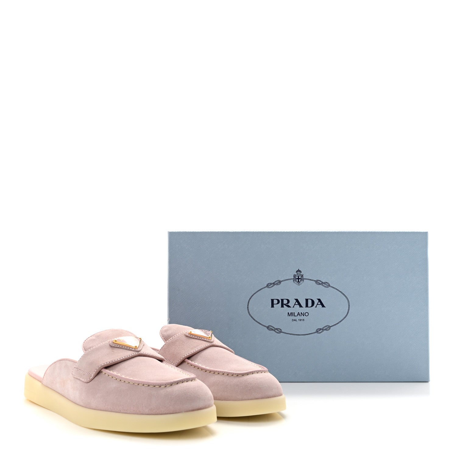 Prada Suede Scamosciato Triangle Logo Mules 37.5 Alabastro 10 of 10