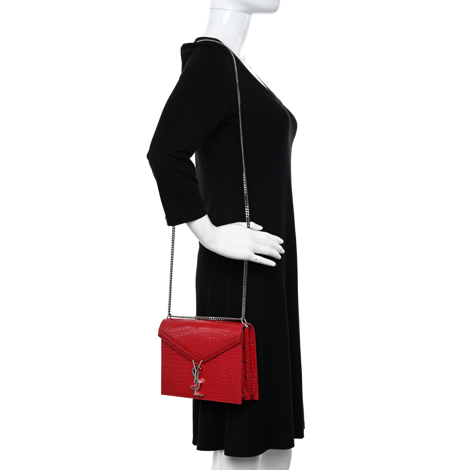 Saint Laurent Calfskin Crocodile Embossed Monogram Cassandra Clasp Bag Red 2 of 12