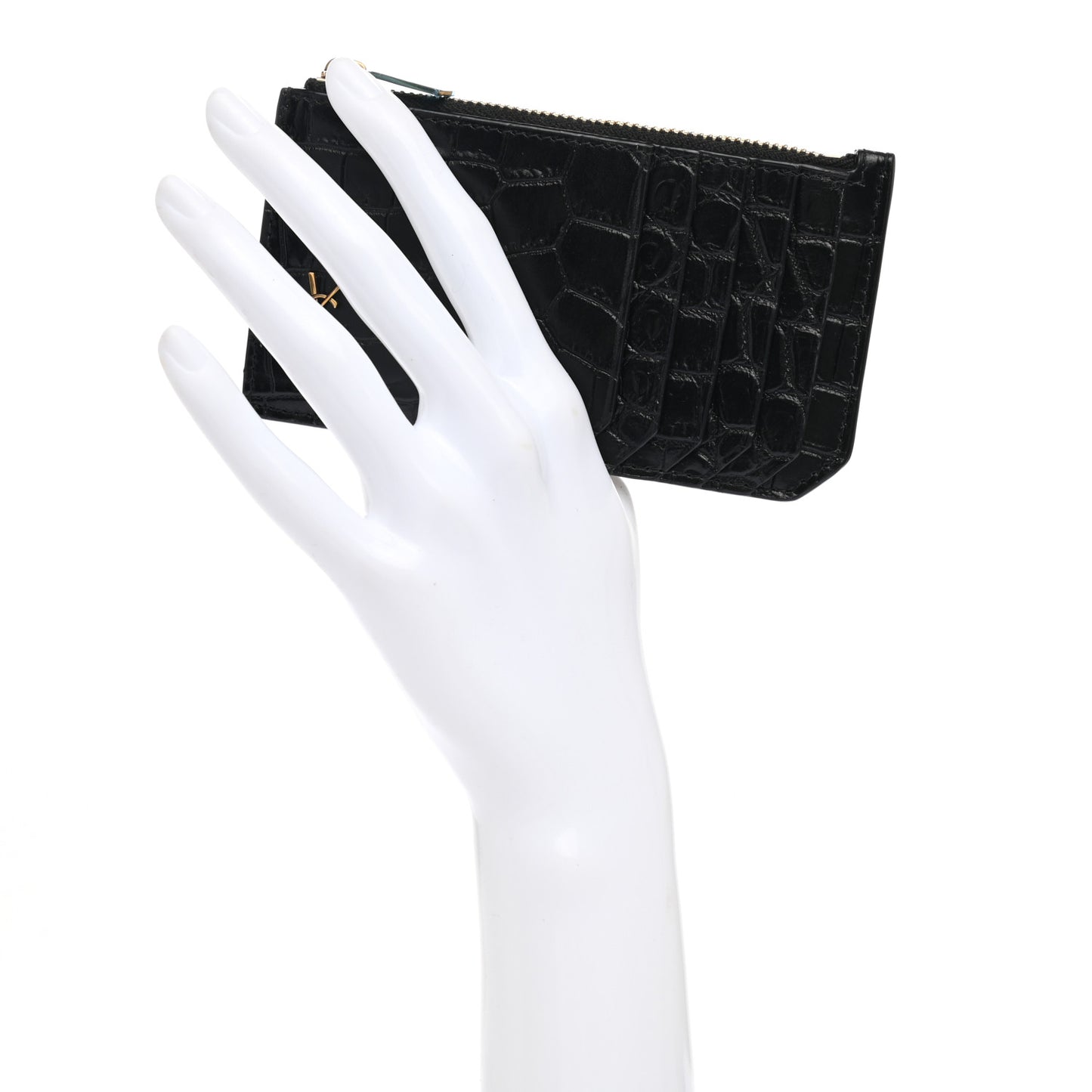 Calfskin Crocodile Embossed 5 Fragments Zip Pouch Card Holder Black