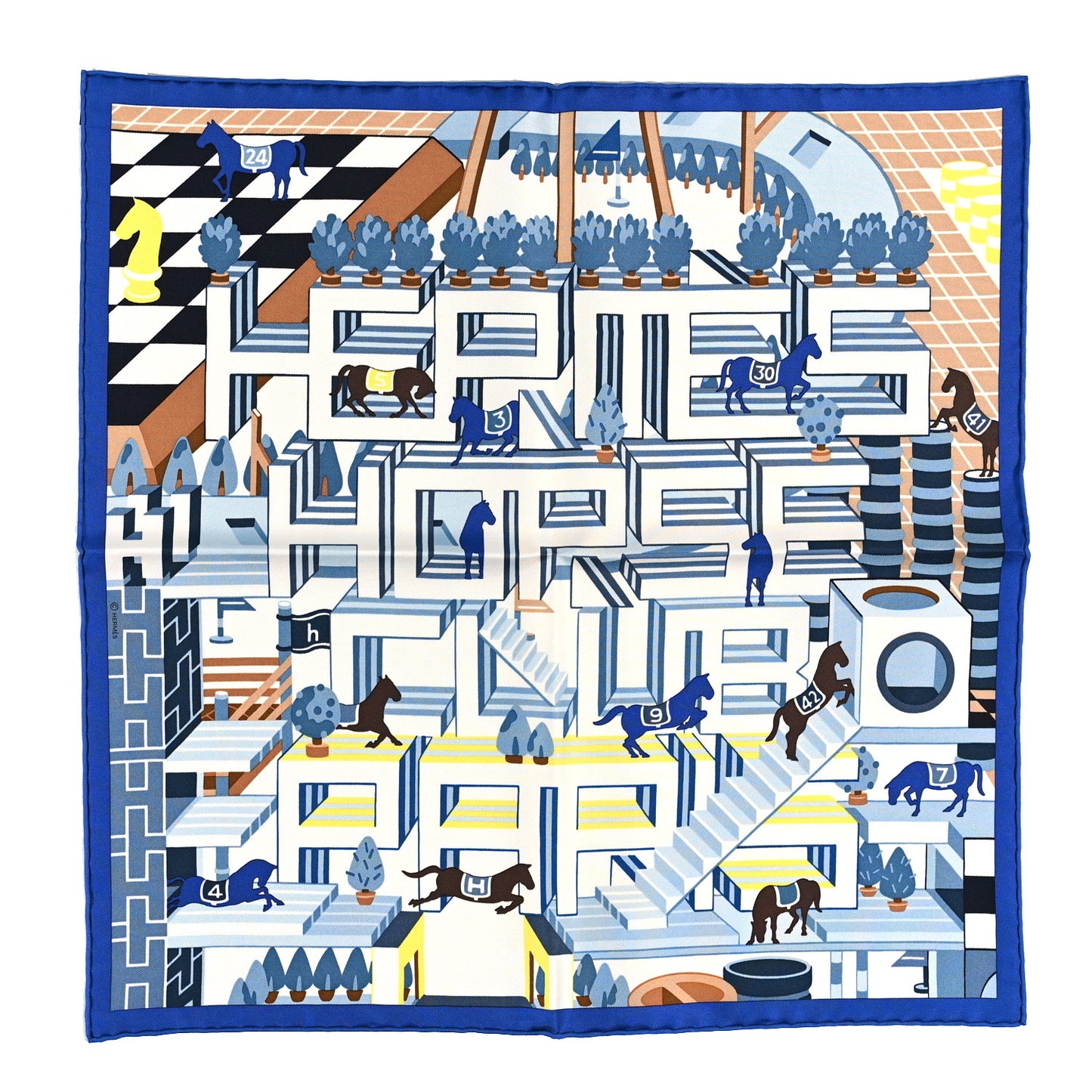 Silk Horse Club Detail Scarf 45 Bleu Moyen Ciel Jaune