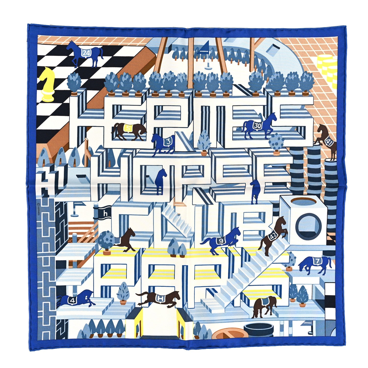 Hermes Silk Horse Club Detail Scarf 45 Bleu Moyen Ciel Jaune 1 of 3