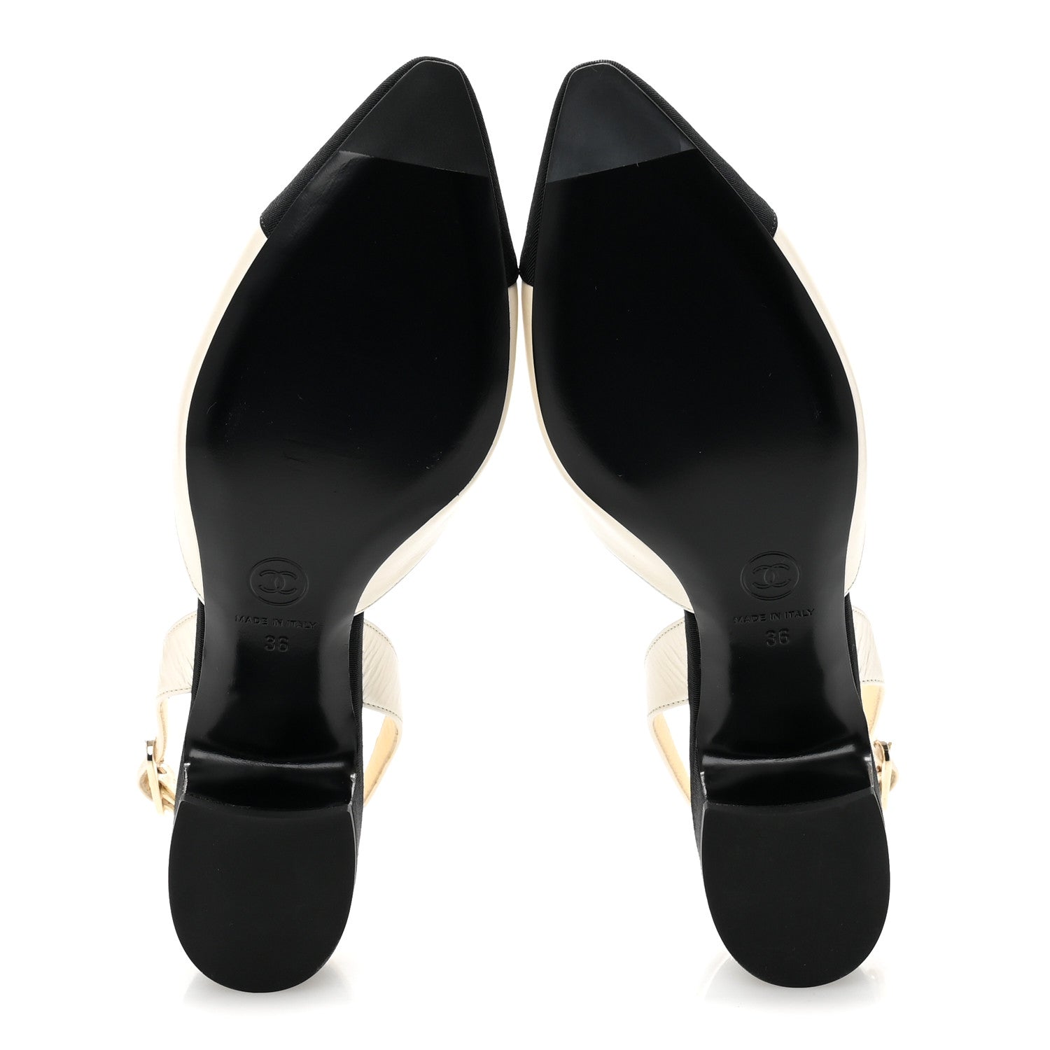Chanel Iridescent Calfskin Grosgrain Cap Toe CC Slingback Pumps 36 White Black 6 of 11