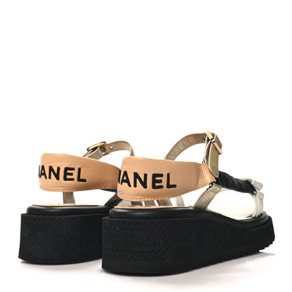 Chanel Lambskin Logo Platform Sandals 38 Beige Gold White 4 of 10