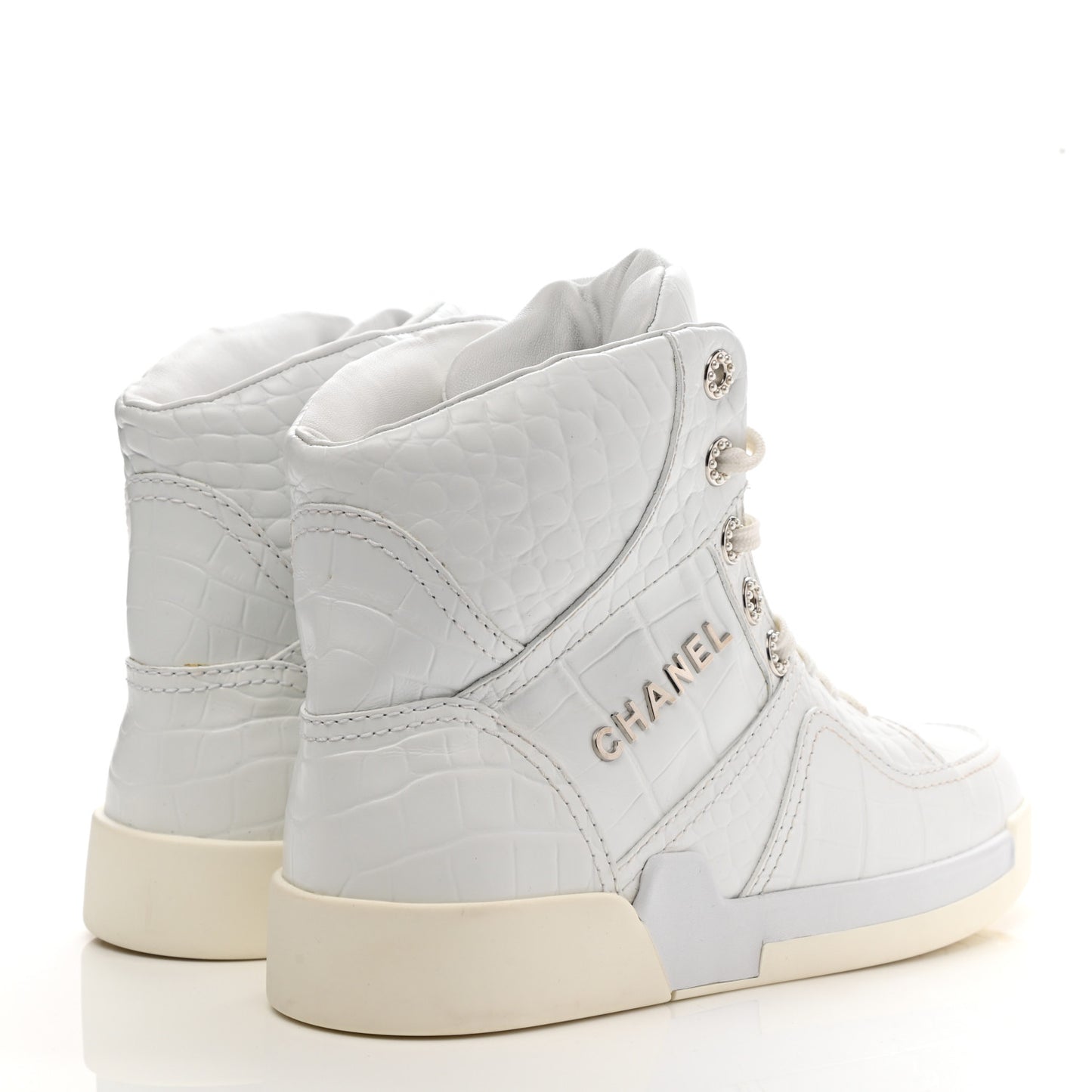 Calfskin Crocodile Embossed Cocodile High Top Sneakers 40 White