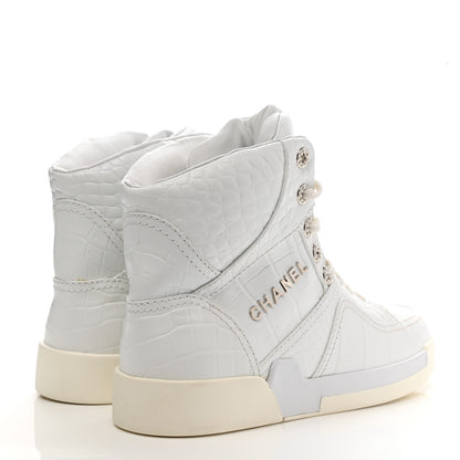 Chanel Calfskin Crocodile Embossed Cocodile High Top Sneakers 40 White 4 of 10